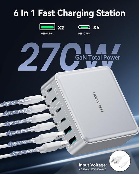 270W USB C Charger Block, Rocoren 6 Port Multi USB-C Charging Station,100W PD Fast USBC Gan Charger Station Hub Dock for Multiple Devices, Laptop Type C for MacBook/iPhone 16/iPad/Galaxy S25
