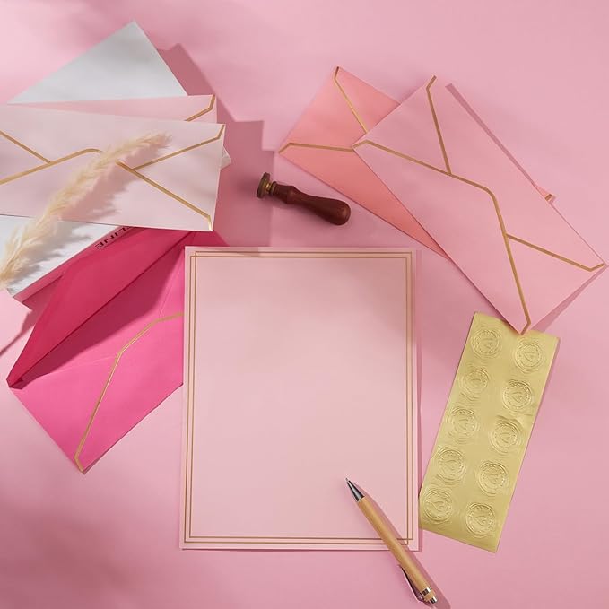 50 Pack 5 Colors Stationery Set with Gold Border, #10 Business Envelopes and 8.5x11 Paper Sheets and Stickers for Writing Letters (Pink)