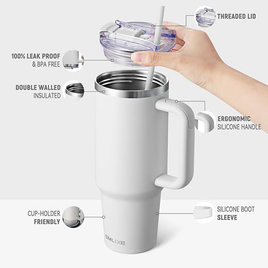 40 oz Tumbler with Handle and Straw Lid,Insulated Reusable Stainless Steel Water Bottle Travel Mug,Cupholder Friendly Double Wall Vacuum Sealed Cup (Cold White)
