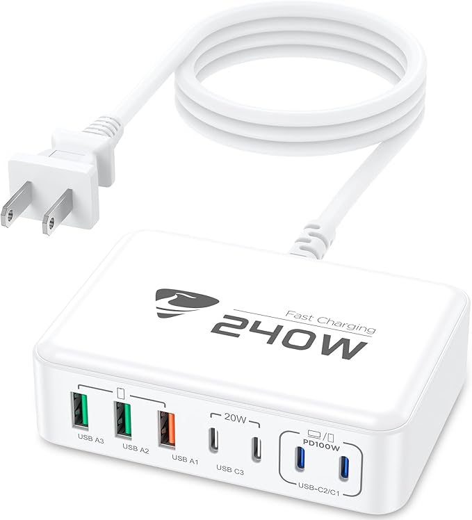 240W USB C Charging Station, 7-Port GaN USB C Charger Block, 100W Laptop USB C Fast Charger Compact 100W Laptop Charger Hub Wall Charger Adapter for MacBook Pro/Air,iPhone 16/15/14/13,Samsung S24