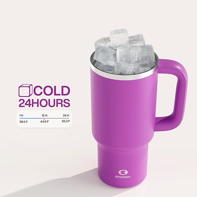 32 oz Tumbler with Handle and Straw: Stainless Steel Insulated Tumbler Keeps Cold for 24 Hours, Leakproof Travel Cup Fits in Cup Holder and BPA-Free, Bright Magenta