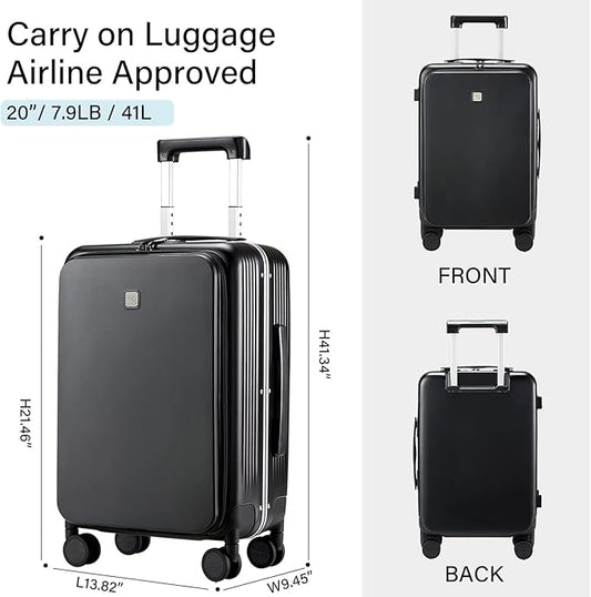 Hanke Grace Hard Shell Suitcases with Wheels,20 Inch Carry On Luggage Airline Approved with Aluminum Frame, Travel suitcase with Front Pocket Travel Luggage for Short Business Trips, Jet Black.