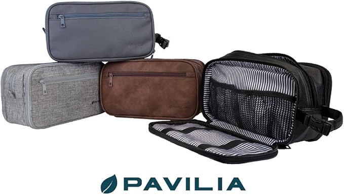 PAVILIA Toiletry Bag for Men, Travel Pouch Essentials Shaving Dopp Kit, Travel Bag Toiletries Organizer Case, Cosmetic Make Up Accessory, Water Resistant