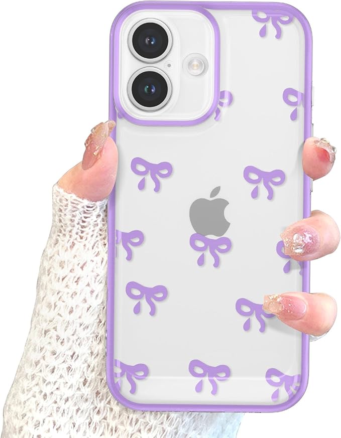EYZUTAK Case for iPhone 16 Plus, Clear Cute Ribbon Bowknot Pattern Aesthetic Transparent Phone Case Raised Camera Protection Stylish Slim Soft Durable TPU Protective Cover for Women Girls - Purple
