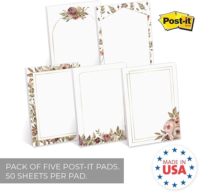 Gold Framed Floral Sticky Note Pads / 4" x 6" Watercolor Botanical Sticky Notes/Set of 5 Pads / 50 Sheets Per Pad/Five Unique Designs/Made in The USA