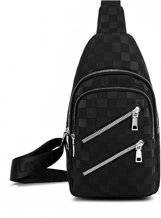 Checkered Black Leather Crossbody Bag for Women - Water Resistant Sling Bag, Adjustable Strap Chest Pack Fanny Pack