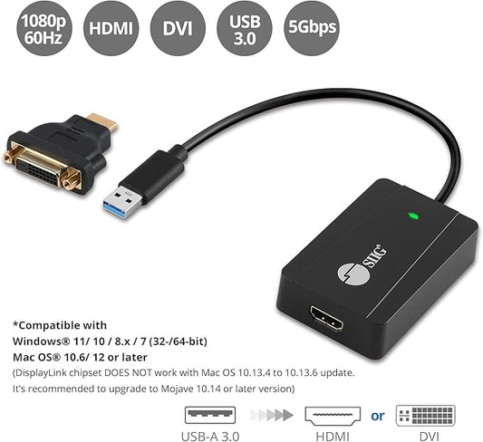 SIIG USB to HDMI Adapter, DisplayLink Chipset, USB 3.0 to HDMI 2K 2560x1440 50Hz Video Converter- for Windows and Mac, PC, Laptop, Desktop, Monitor, and TV (JU-H30H11-S1)