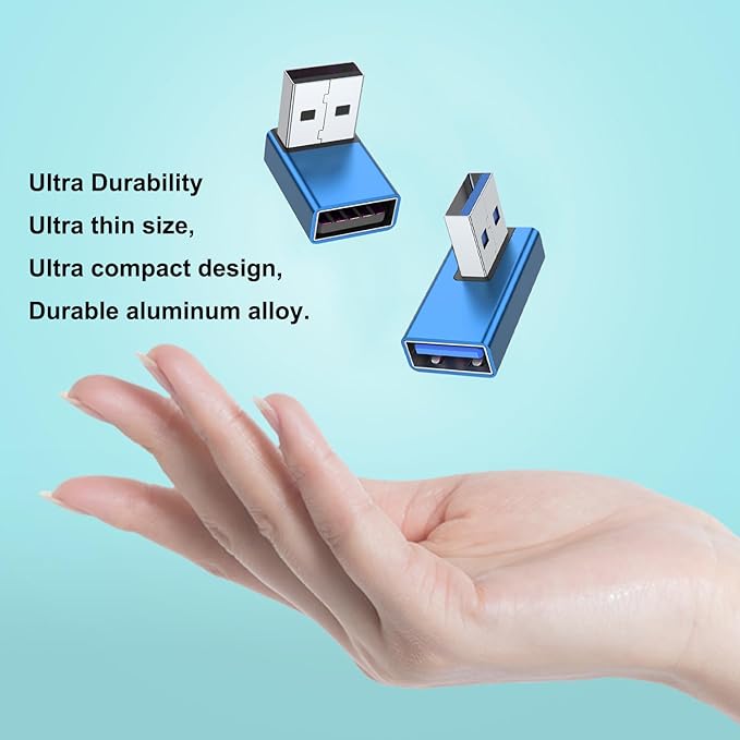 AreMe 90 Degree USB 3.0 Adapter 4 Pack, Up and Down Angle, Left and Right Angle USB A Male to Female Converter Extender for PC, Laptop, USB A Charger, Power Bank and More (Blue)