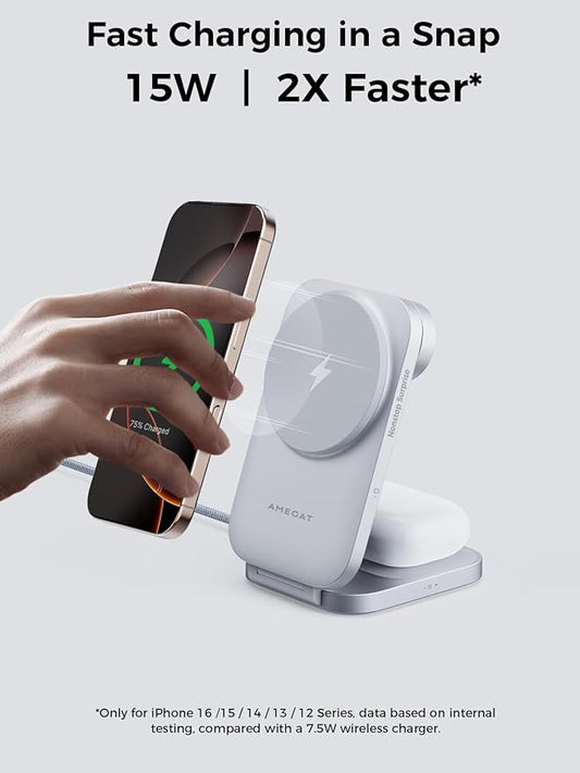 MagFusion Z 3-in-1 Charging Station Compatible with MagSafe, 15W Wireless Foldable Charger Qi2 Certified, Magnetic Charger for iPhone 17/16/15/14/13/12, AirPods 4/3/2/Pro, Apple Watch, Silver