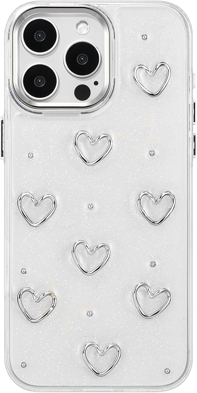 EYZUTAK Case for iPhone 15 Pro, Bling Glitter 3D Hearts Phone Case Cute Sparkly Crystal Clear Heart Aesthetic Design Case Slim Soft Durable TPU Transparent Protective Cover for Women Girls - Heart