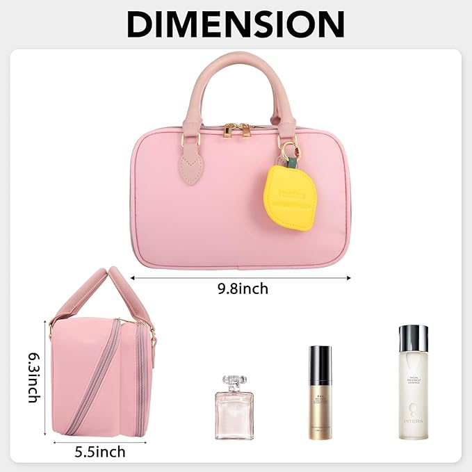 Travel Makeup Bag for Women Fashion Large Capacity Pouch Open Flat Cosmetic Portable Organizer Waterproof Large Opening Storage Toiletry Bags Vertical Free-Standing Brush Holder for Easy Access Pink