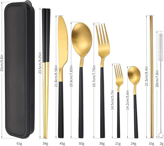 AARAINBOW 6 Pieces Stainless Steel Flatware Set Portable Reusable Cutlery Set Travel Utensils Set Including Chopsticks Knife Fork Spoon Straws Cleaning Brush Dishwasher Safe (B-Black golden)