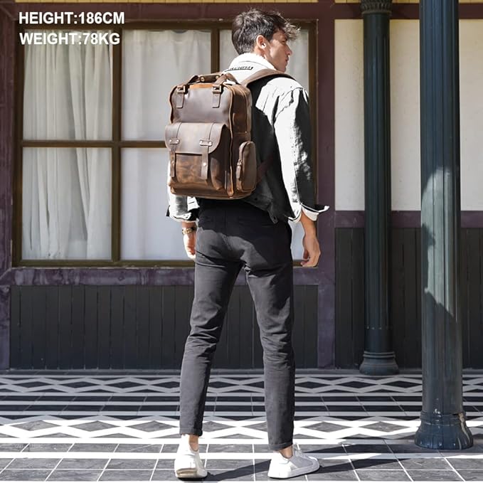 TIDING Genuine Leather 15.6 inch Laptop Backpack for Men College Casual Rucksack Backpack Business Travel Daypack