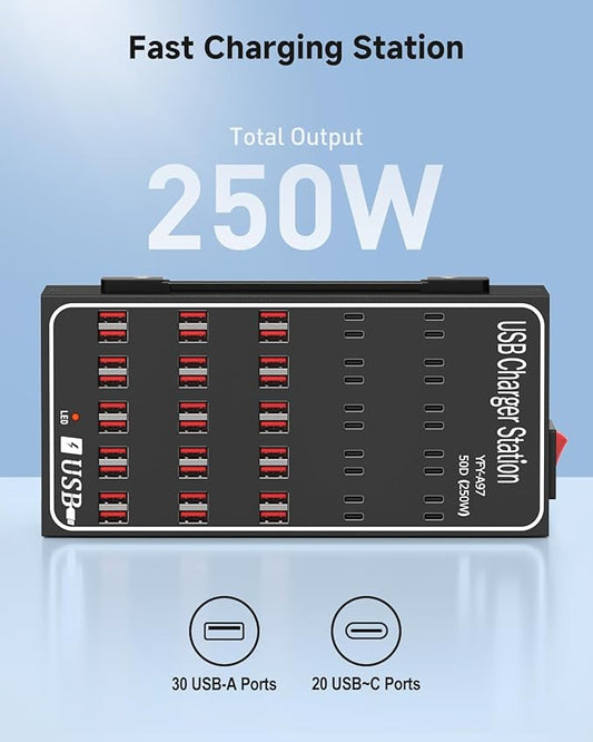 250W USB~c Charging Station, 50 Port (30 USB A & 20 USB~C Port) USB~C Charger Block, Fast Charging Station for Multiple Devices, Desktop USB Charger Compatible for iPhone, iPad, Tablets