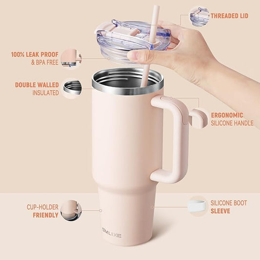 40 oz Tumbler with Handle and Straw Lid,Insulated Reusable Stainless Steel Water Bottle Travel Mug,Cupholder Friendly Double Wall Vacuum Sealed Cup (Rose Quartz)