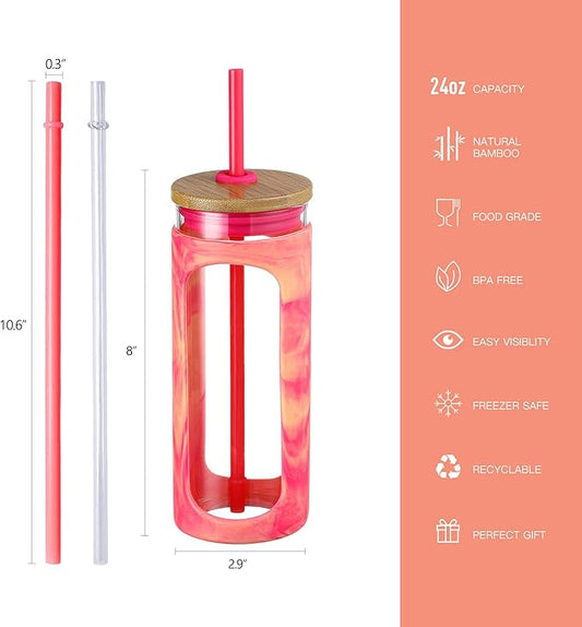 Kodrine 20oz Glass Tumbler with Straw and Lid, Iced Coffee Cups with Bamboo Lids, Glass Cups for Cold Drinks, Smoothie Cup with Silicone Sleeve for Travel, Work, BPA FREE-Red Yellow