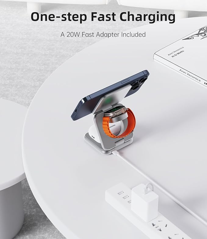 Foldable Magnetic Wireless Charger, KU XIU X40 Aluminum Alloy 3-in-1 Charging Station for Apple, Fast Charging Travel Charger for iPhone 16 15 14 13 12Series, 5W Apple Watch 1-10/Ultra, AirPods,Silver