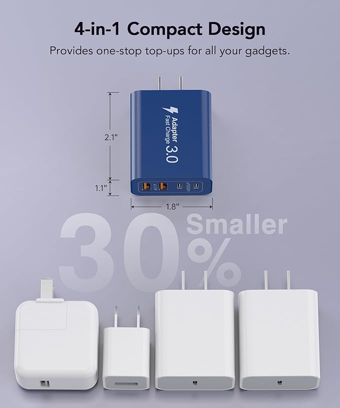 40W USB C Charger Block, 2-Pack 4-Port Type C Fast Charging Brick Dual PD&QC Wall Plug Adapter Power Brick for iPhone 16/Pro/Pro Max/PLUS/15/14/13/12/iPad/Airpods/iwatch/Samsung Galaxy (Blue)