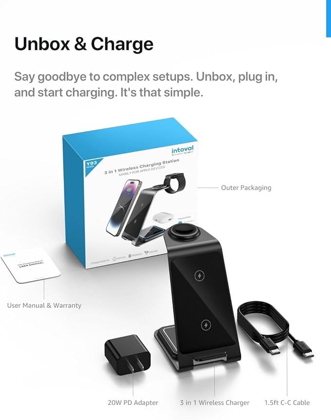 Intoval 3 in 1 Wireless Charging Station for iPhone 16 15 14 13 12 11 X Pro Max, Wireless Charger for Apple Watch Ultra 3 SE 9 8 7 6 5 4 3 2, for AirPods 4 Pro Pro 2 3 (Y93, Blue)