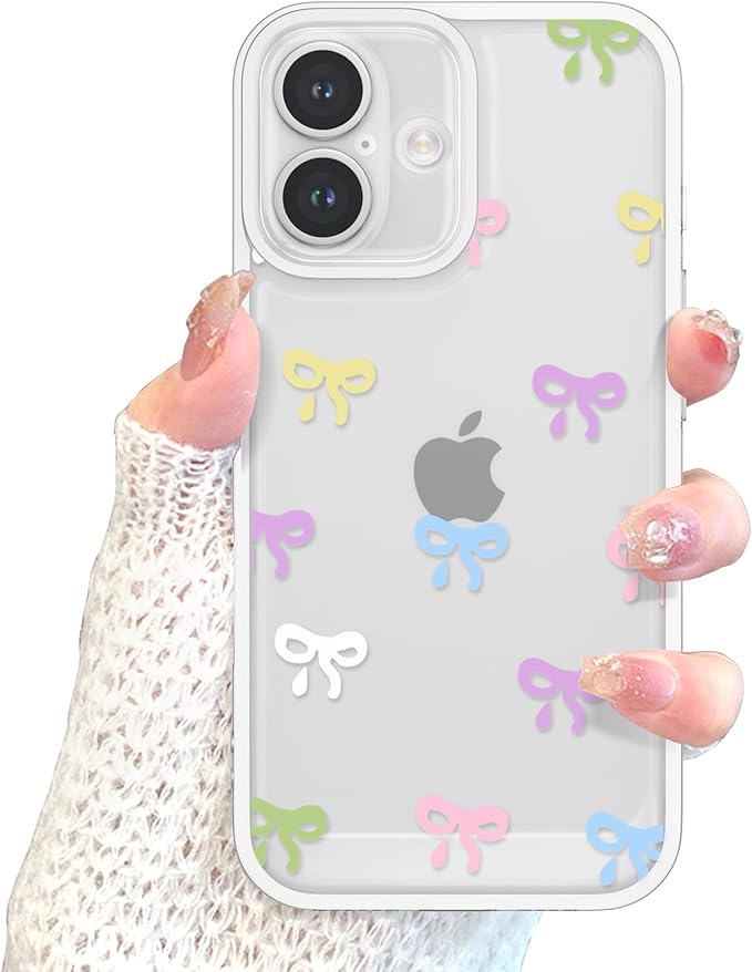 EYZUTAK Case for iPhone 16 Plus, Clear Cute Ribbon Bowknot Pattern Aesthetic Transparent Phone Case Raised Camera Protection Stylish Slim Soft Durable TPU Protective Cover for Women Girls - Colorful