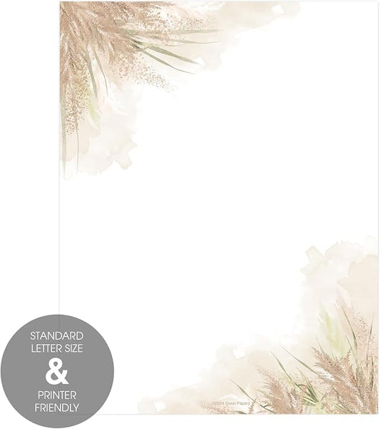 Pampas Grass Letterhead / 40 Decorative Printer Sheets / 8.5" x 11" All Occasion Bridal Shower Celebration Special Event Paper/Beautiful Watercolor Floral Stationery