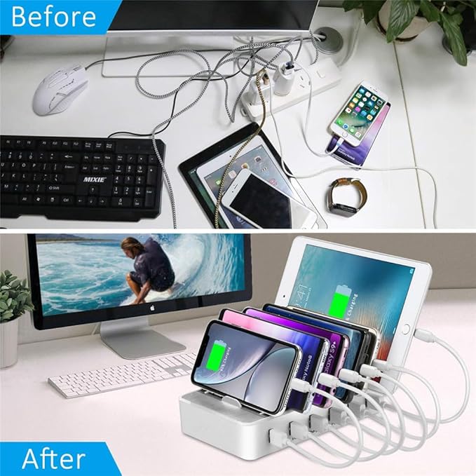 Charging Station for Multiple Devices,50W 6 USB Ports Family Charger Compatible with Apple iPhone iPad and Android Phone and Tablet