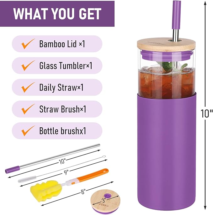 1Pack Glass Tumbler/Lid & Straw - 24oz Reusable Glass Mug w/Bamboo Lid & Stainless Steel Straw-BPA-Free Leak-Proof, Dishwasher Safe for Coffee, Smoothies, Hot Beverage, Travel, Office, Home Use