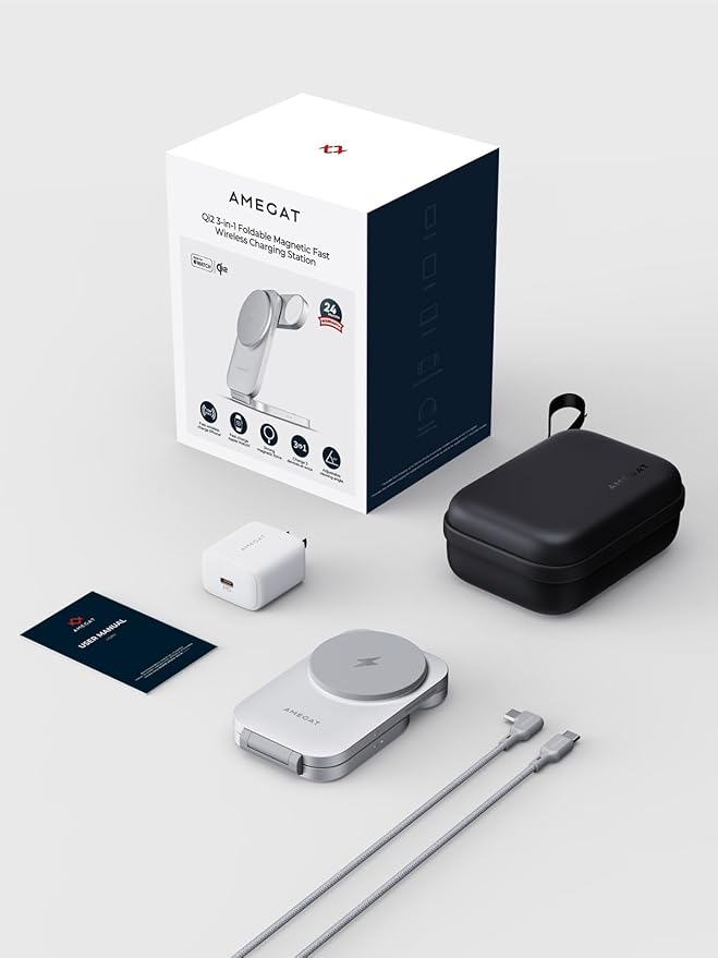 MagFusion Z 3-in-1 Charging Station Compatible with MagSafe, 15W Wireless Foldable Charger Qi2 Certified, Magnetic Charger for iPhone 17/16/15/14/13/12, AirPods 4/3/2/Pro, Apple Watch, Silver