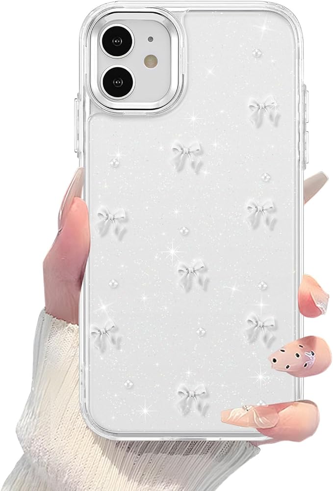 EYZUTAK Case for iPhone 12/iPhone 12 Pro, Bling Glitter 3D Bowknot Phone Case Cute Sparkly Crystal Clear Bow Aesthetic Case Slim Soft Durable TPU Transparent Protective Cover for Women Girls-White Bow