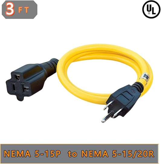 3-Feet 15 Amp Household AC Plug to 20 Amp T Blade Adapter Cable,14AWG 3-Foot 15 Amp to 20 Amp Plug Adapter Cord Nema 5-15P to 5-15R/5-20R 20Amp Comb AC Power Cord, Yellow