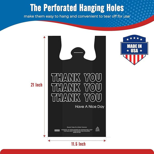 Fuxury 500 Count - Thank You Plastic Tshirt Bags Black (11.5" x 6.5" x 21"), T-shirt, Grocery, Take Out, To Go, Retail Shopping Bags in Bulk for Small Business