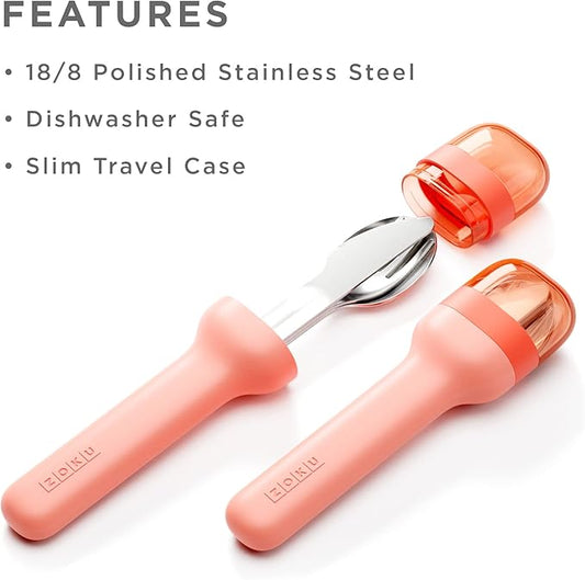 ZOKU Pocket Utensil Set, Peach - Stainless Steel Fork, Knife, and Spoon Nest in Case - Portable Design for Travel, School, Work, Picnics, Camping and Outdoor Home Use