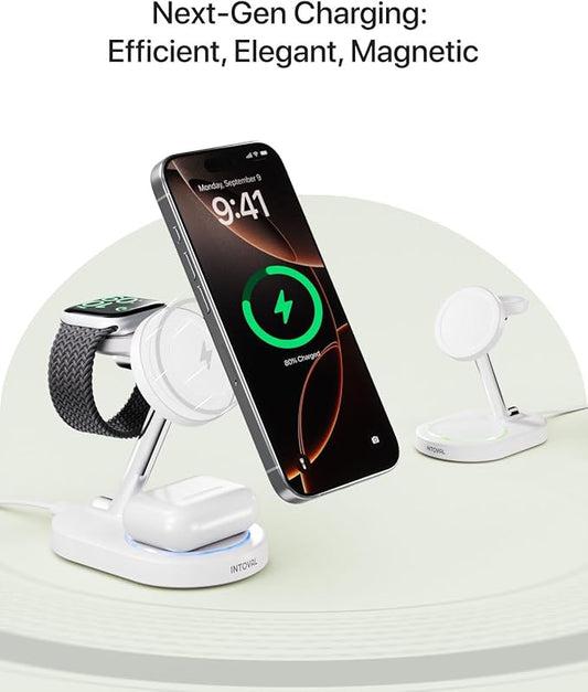 Intoval Fast Charging Station for Magsafe Apple Devices, Wireless Charger for MagSafe iPhones, 3 in 1 Magnetic Charger Stand for iPhone16/15/14/13, Apple Watch & AirPods.(White)