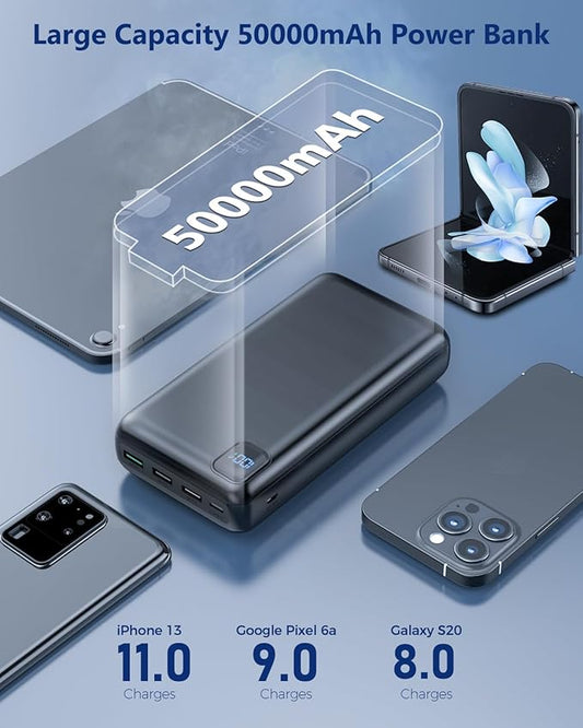 Portable Charger 50000 mAh Power Bank PD 30W and QC 4.0 PowerBank Fast Charging External Battery Pack with USB-C LED 3 Outputs & 2 Inputs Portable Charging for iPhone 15 14 13 pro, Samsung