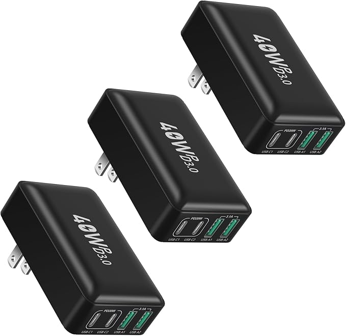 Flat USB C Charger Block, OKRAY 3-Pack 40W 4-Port QC&PD3.0 Fast Charging Brick with Foldable Wall Plug Slim Type C Android Charger Multiport Power Adapter for iPhone 16 15 14 13, Galaxy S25, Pixel 9 8