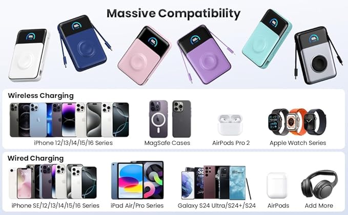 Magnetic Portable Charger 10800mAh with Built-in Cables,Qi2 Certified 15W Wireless Power Bank for Magsafe,30W PD Fast charging USB-C Travel Essential Battery Pack for iPhone 17/16/15/14/13-Dark Blue