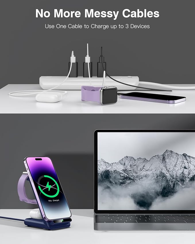Wireless Charging Station,3 in 1 Charging Stand Made for Apple Watch Ultra 11 10 9 8 7 6 SE 5 4 3,Fast Wireless Charger Made for iPhone 17/Air/16/15/14/13/12/11,for AirPods Pro 3(with Adapter) (Blue)