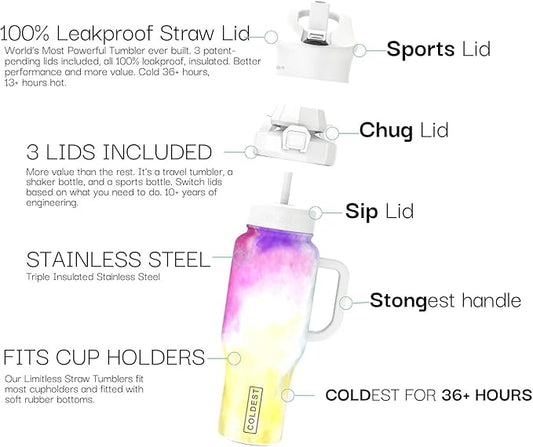 Coldest Tumbler with Handle and Straw, 100% Leak Proof Insulated Tumbler with Lid and Straw (3 Lids), Stainless Steel Tumblers for Women & Men, Cup Holder Friendly, 36 oz (Clouds of Tie Dye)