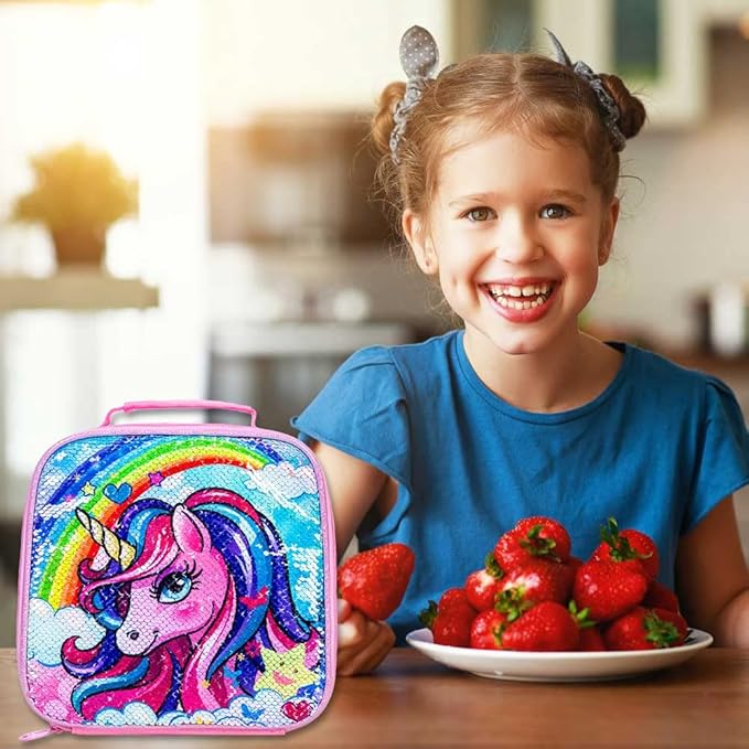 3PCS Unicorn Backpack, 16" Girls Rainbow Sequins Kids Bookbag with Lunch Box, School Bags for Elementary Preschool Kindergarten - Pink
