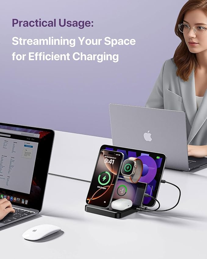 Multiple Devices Charging Station, 5-in-1 Charging Station for iPhone 16e/16 Pro Max/Pro/Plus/15/14/13/12, iPad Pro/Air/Mini, Apple Watch and Airpods,Wireless Charging Dock(G805) (Black)