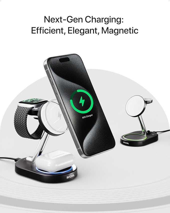 Charging Station for MagSafe Charger,Wireless Charging Station for iPhone MagSafe Charger,Intoval 3 in 1 Fast Magnetic Stand for iPhone 16/15/14/13 Apple Watch 10, Airpods. (Black)