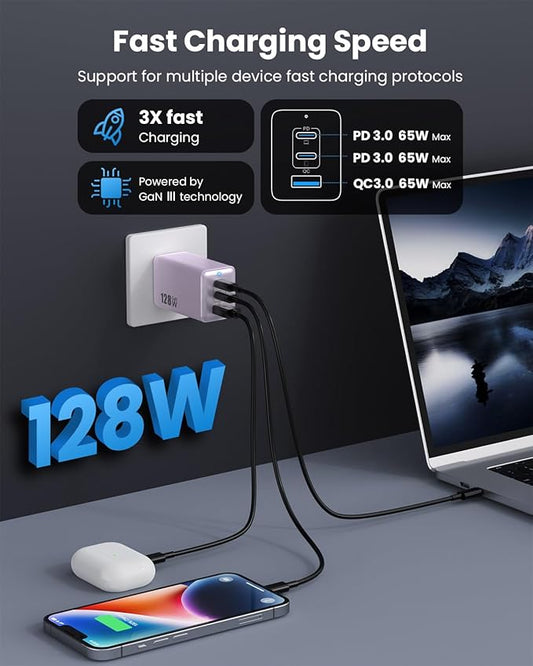 128W USB C Wall Charger,GaN III 3-Port Fast Charging Station,PD QC Foldable Charger Block Portable 65W Laptop Adapter for MacBook Pro/Air,iPad Pro,Galaxy S23,Dell XPS 13,iPhone 17/16/Pro etc