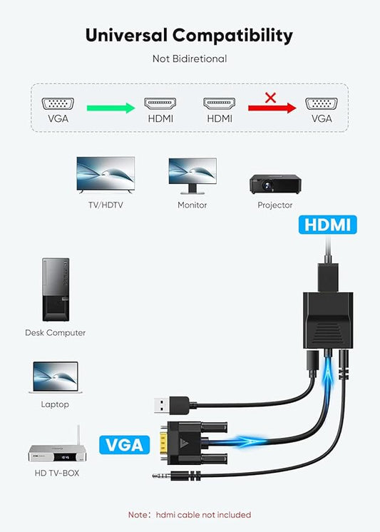 FOINNEX VGA to HDMI Adapter, 1080P Converter with USB Audio from Old Computer/Laptop/Desktop/PC VGA Source to HDMI HDTV/Monitor/Projector/Displayer, 0.33FT