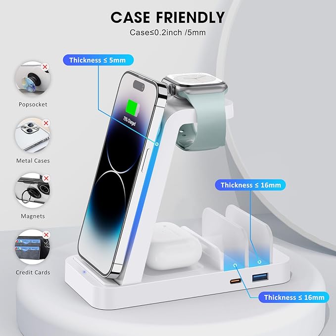 Wireless Charger for iPhone - 5 in 1 Charging Station for Multiple Devices Apple: Fast Wireless Charging Stand Dock for iPhone 16e 16 15 14 13 12 Pro Max Apple Watch Airpods(White)