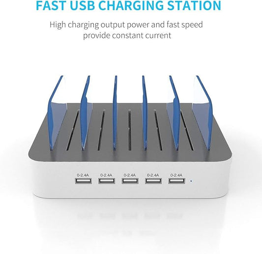 MSTJRY Charging Station for Multiple Devices : 5 Port Multi USB-A Charger Stations Multi-Device Organizer Charging Dock Designed for iPhone iPad Cell Phone Tablets (7 Short Cables Included)