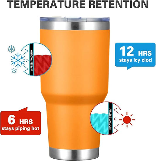 MEWAY 30oz Insulated Tumbler With Lids and Straws,Stainless Steel Double Vacuum Coffee Tumbler Cup, Brush, Durable Powder Coated Coffee Cup for Cold & Hot Drinks, Office, Travel(Orange,4 PACK)