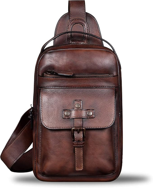IVTG Genuine Leather Sling Bag Chest Shoulder Fanny Bag Hiking Backpack Vintage Handmade Crossbody Daypack