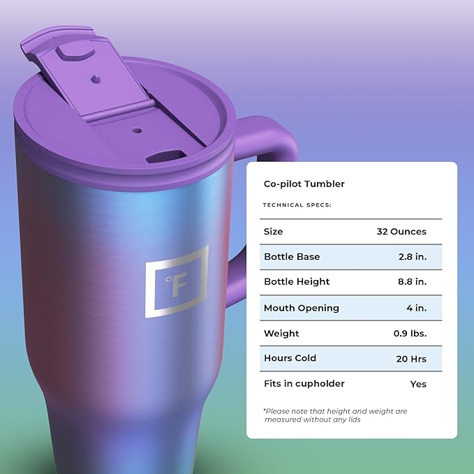 IRON °FLASK Co-Pilot Insulated Mug w/Straw & Flip Cap Lids - Cup Holder Bottle for Hot, Cold Drink - Leak-Proof - Water, Coffee Portable Travel Mug - Aurora, 32 Oz