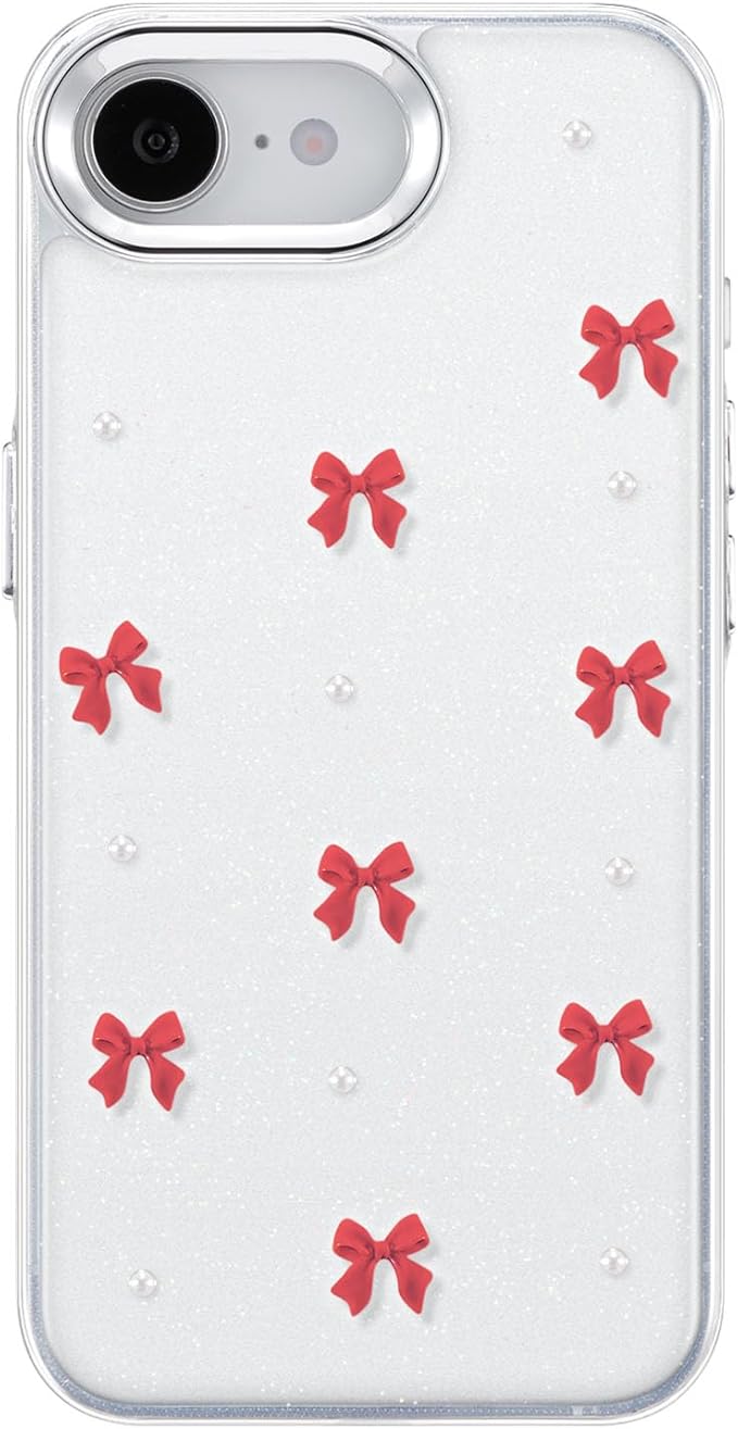 EYZUTAK Case for iPhone 16e, Bling Glitter 3D Bowknot Phone Case Cute Sparkly Crystal Clear Bow Aesthetic Design Cover Slim Soft Durable TPU Transparent Protective Cover for Women Girl - Red Bow