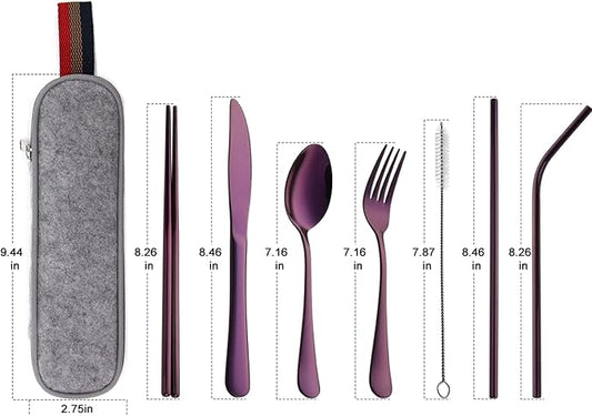 DEVICO Portable Utensils, Travel Camping Cutlery Set, 8-Piece including Knife Fork Spoon Chopsticks Cleaning Brush Straws Portable Case, Stainless Steel Flatware set (Purple)